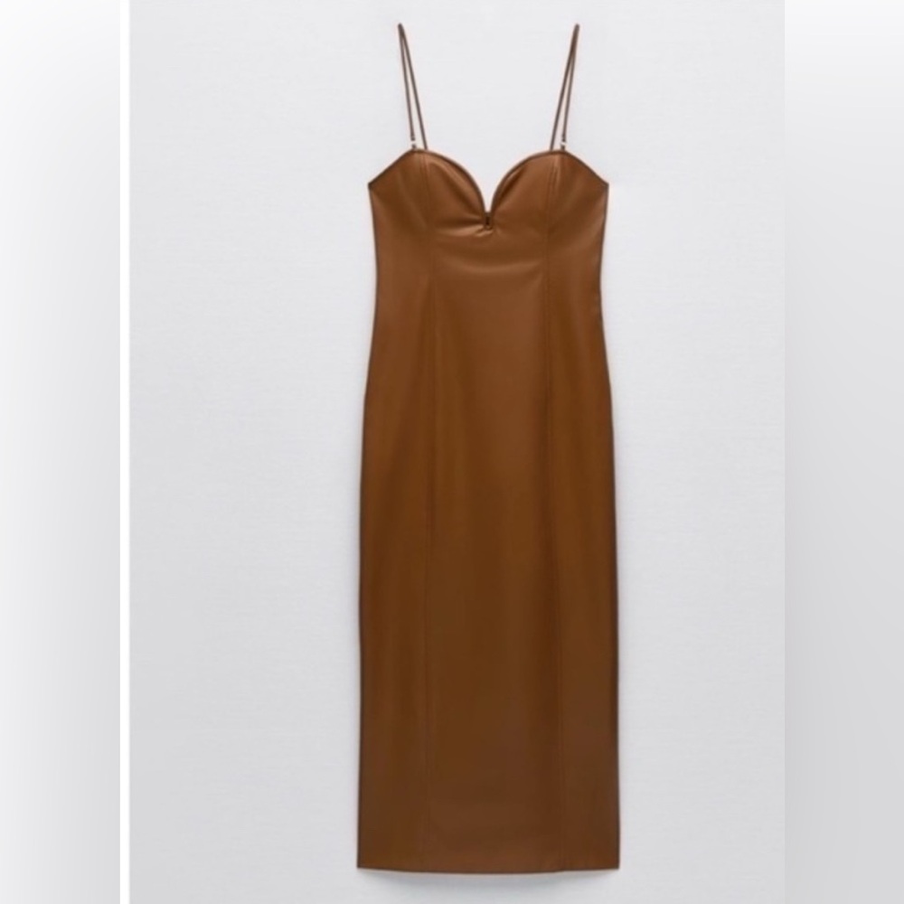 Zara Brown Midi Dress with Spaghetti Straps
